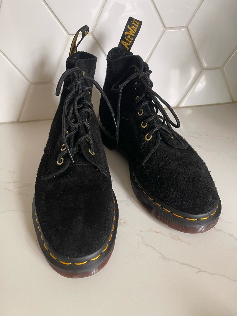 NEW! Dr. Martens Black Suede 6-Eye Lace-Up Boots with Yellow Stitching
